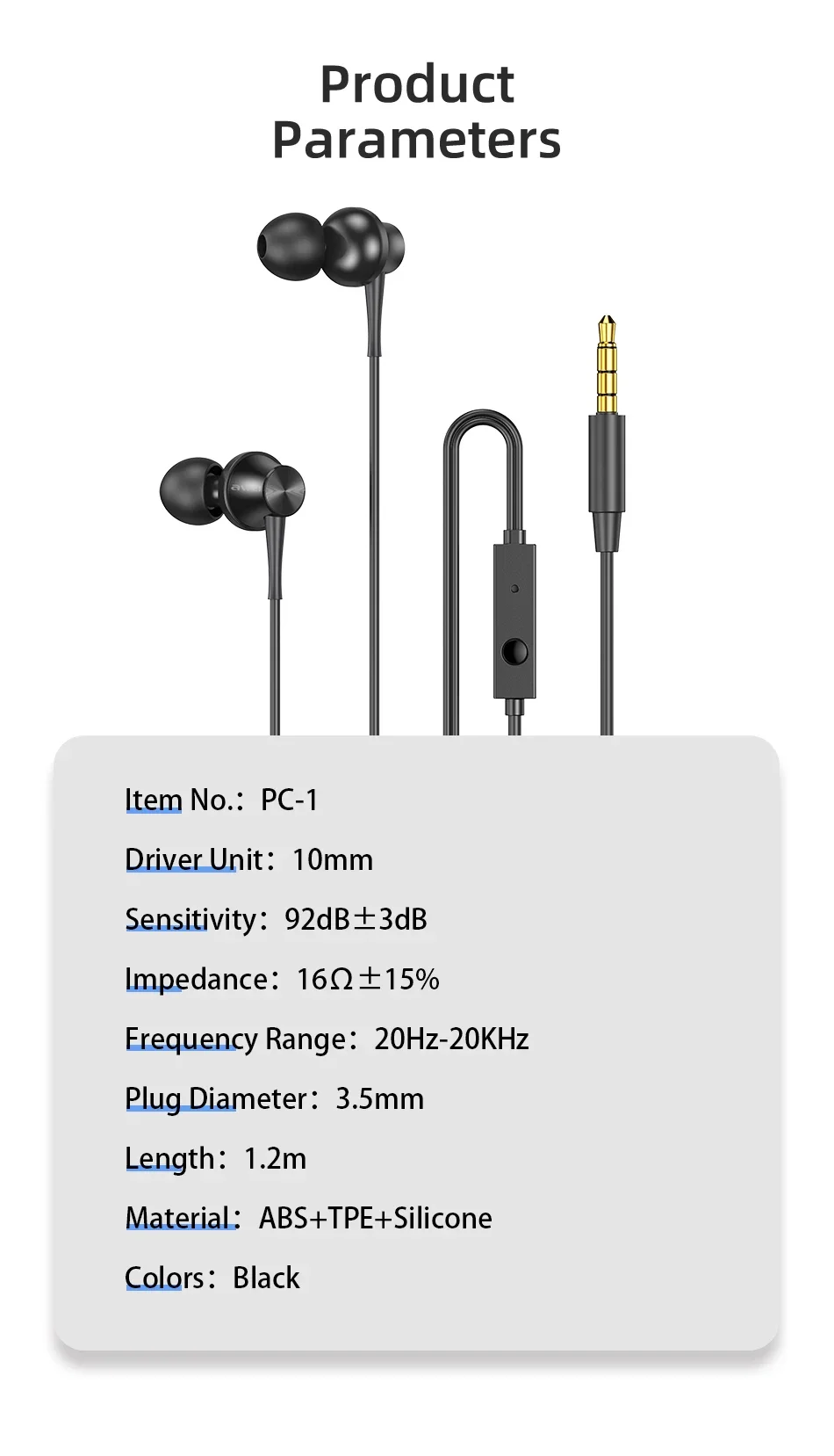 Awei PC-1 3.5 มม.หูฟังชนิดใส่ในหูแบบมีสายหูฟังกีฬาหูฟังพร้อมไมโครโฟนสําหรับโทรศัพท์สเตอริโอ Super BASS หูฟัง
