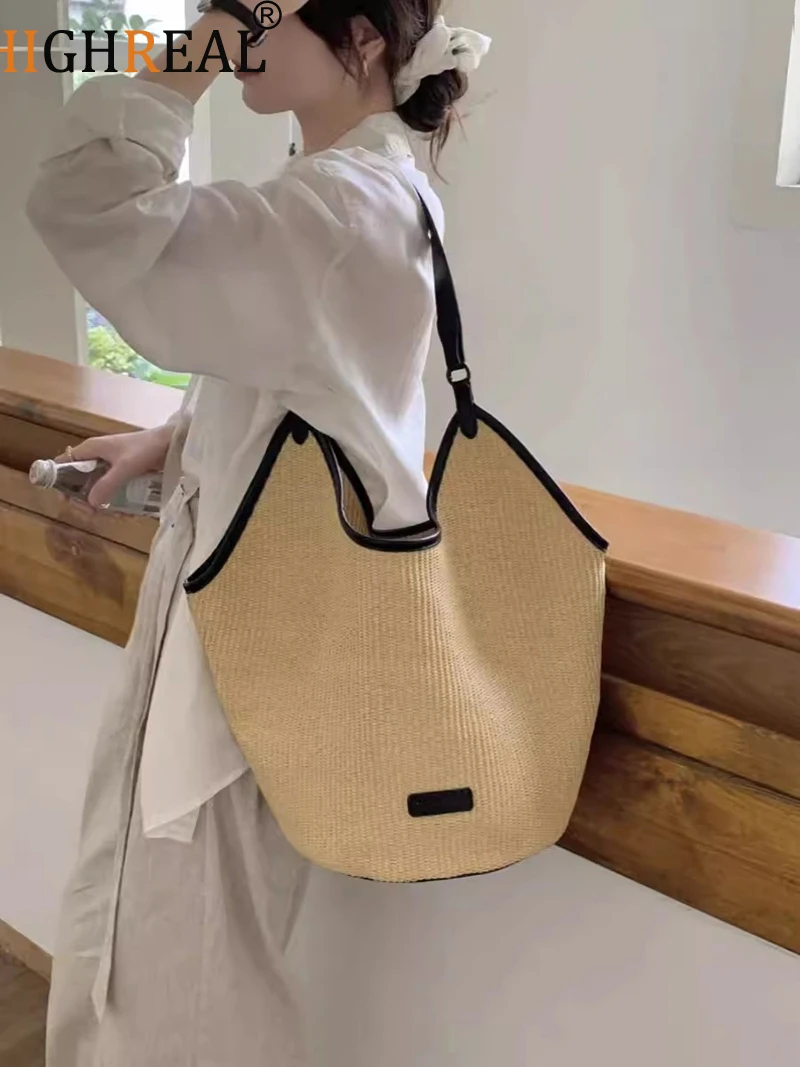 Summer Straw Bags for Women Hollow Raffia Crochet Beach Bags Rattan Woven Shoulder Bag Fashion Weaving Ladies Tote Handbags