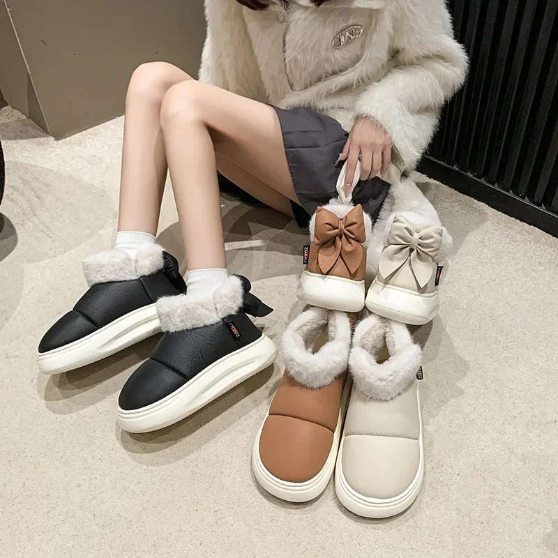 

Snow Boots Winter Wear Outside Thick Sole Cotton Shoes Plush Thicken Keep Warm Slippers Platform Home Fashion Women Shoes