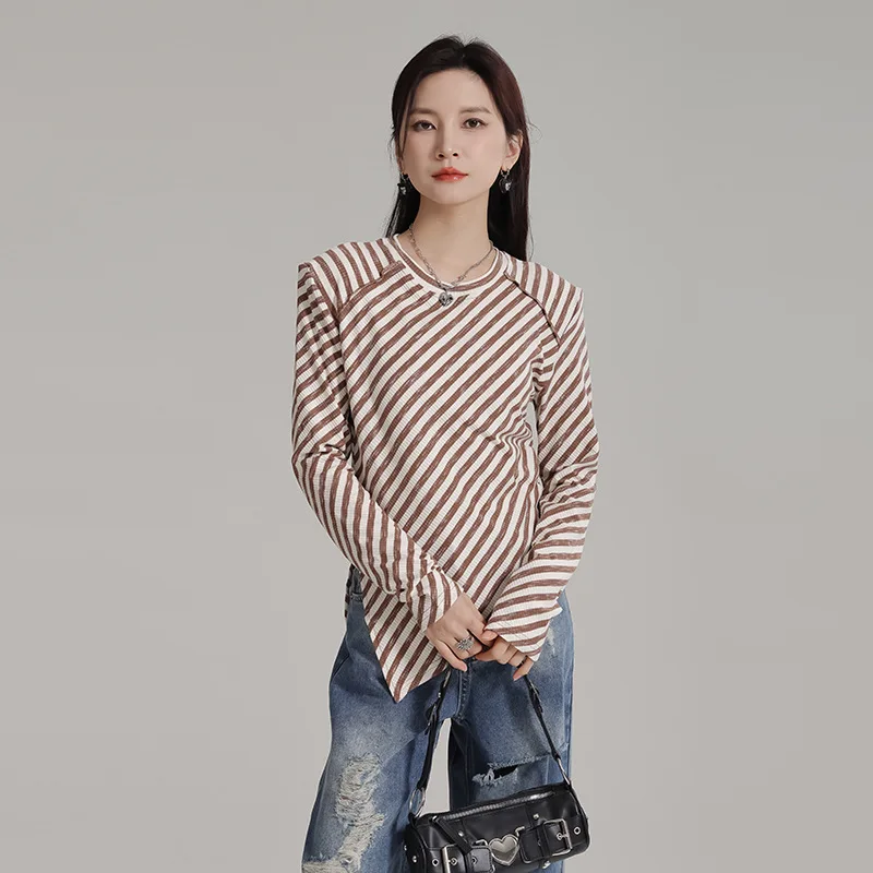 

2024 minority design irregular round neck elastic and unique top pullover slimming fit striped women's T-shirt