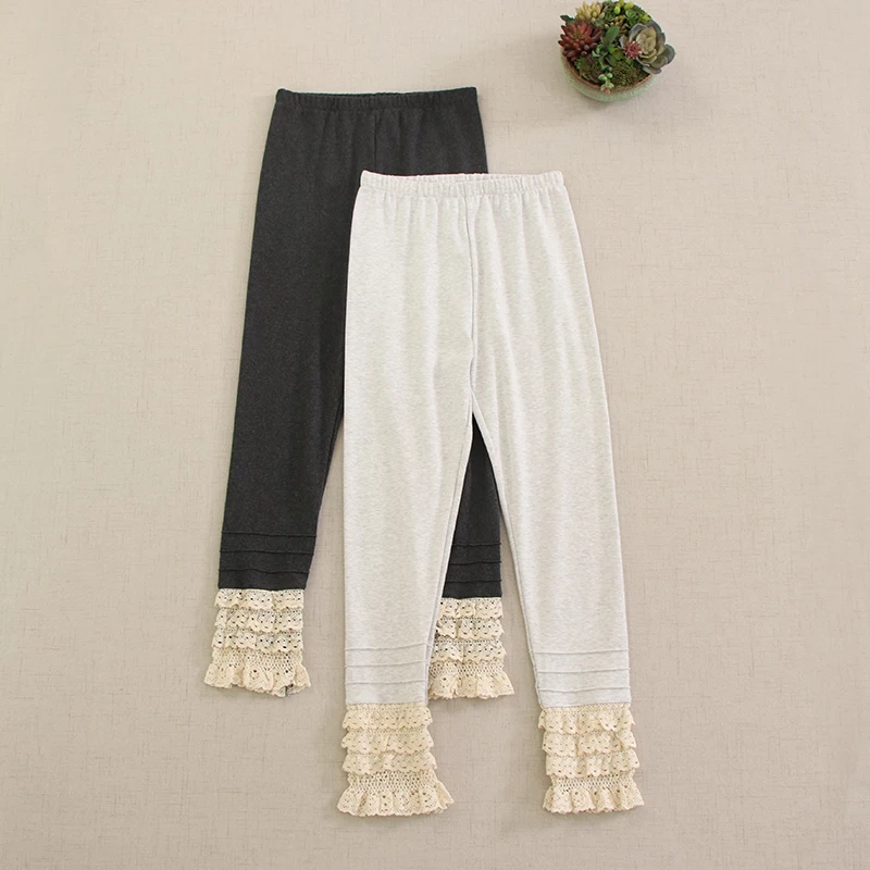 Sweet Mori Girl Solid Color Knitted Cotton Leggings Women Spring Autumn Elastic Waist Embroidery Multi Layer Hem Long Leggings