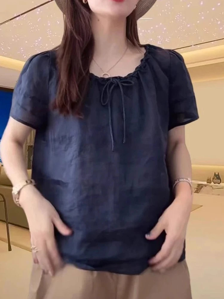 الرجعية القطن الكتان ort Sve irt المرأة الصيف فضفاض عارضة التعادل جولة Ne رقيقة الكتان الصغيرة أعلى الملابس العلوية #3