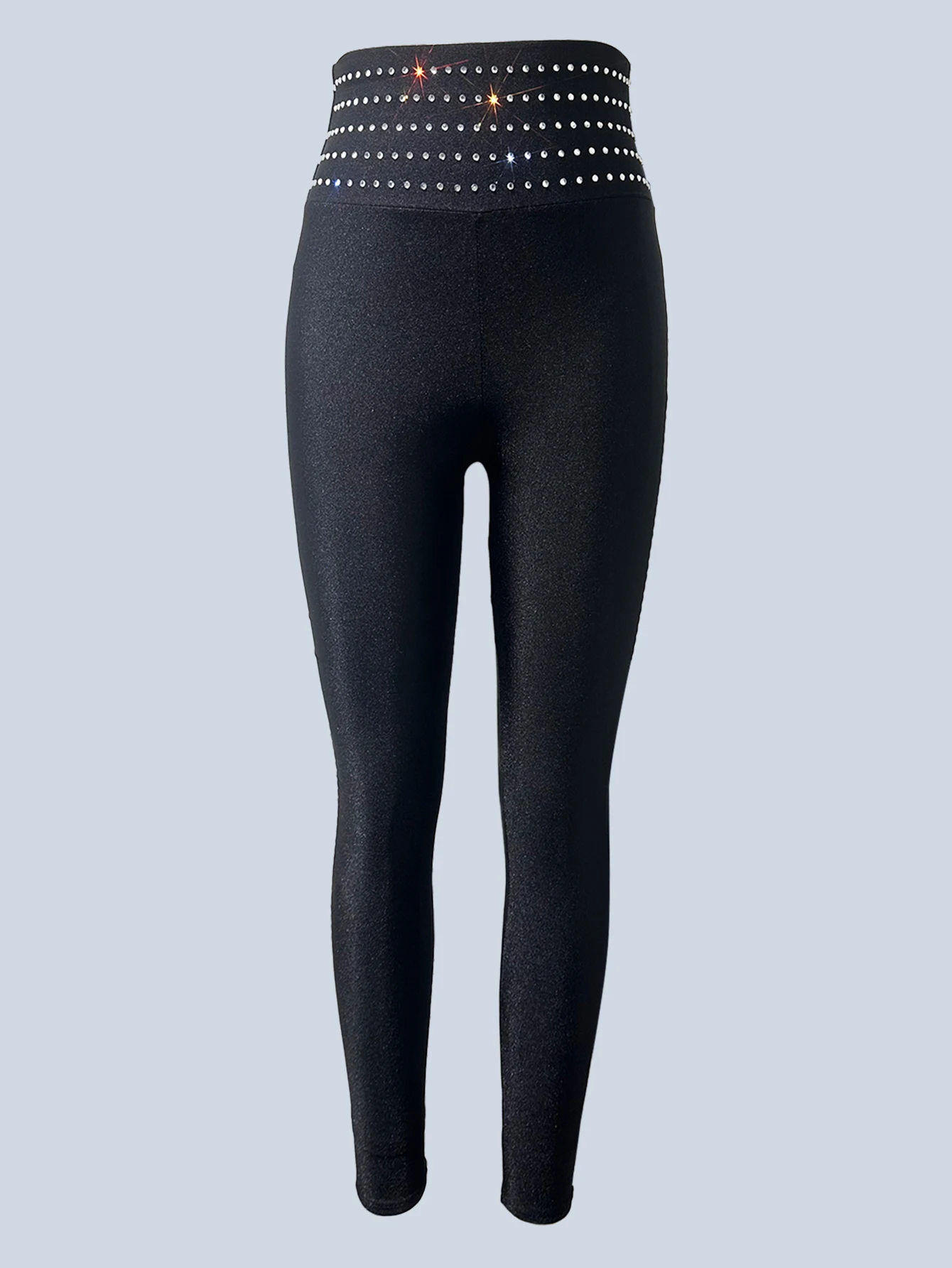 Diamantbesetzte A-Linien-Stretchhose im europäischen Stil mit hoher Taille, glänzender und glänzender elastischer Taille und neun Zoll langer Länge