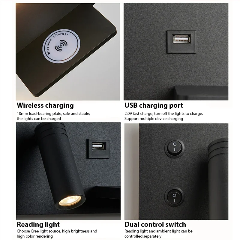 Imagem -05 - Zerouno-multifunções Led Reading Interior Wall Light Cabeceira Wall Sconce Interruptor de Carregamento do Telefone sem Fio Hotel e Bed Lamp