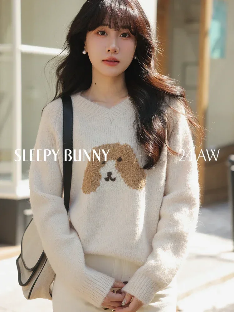 

Winter Women Wool V-Neck Sweater Cute Puppy Embroidery Stretch Slim Fit Pullover Korean Youthful and Cozy Base Layer Knit Top