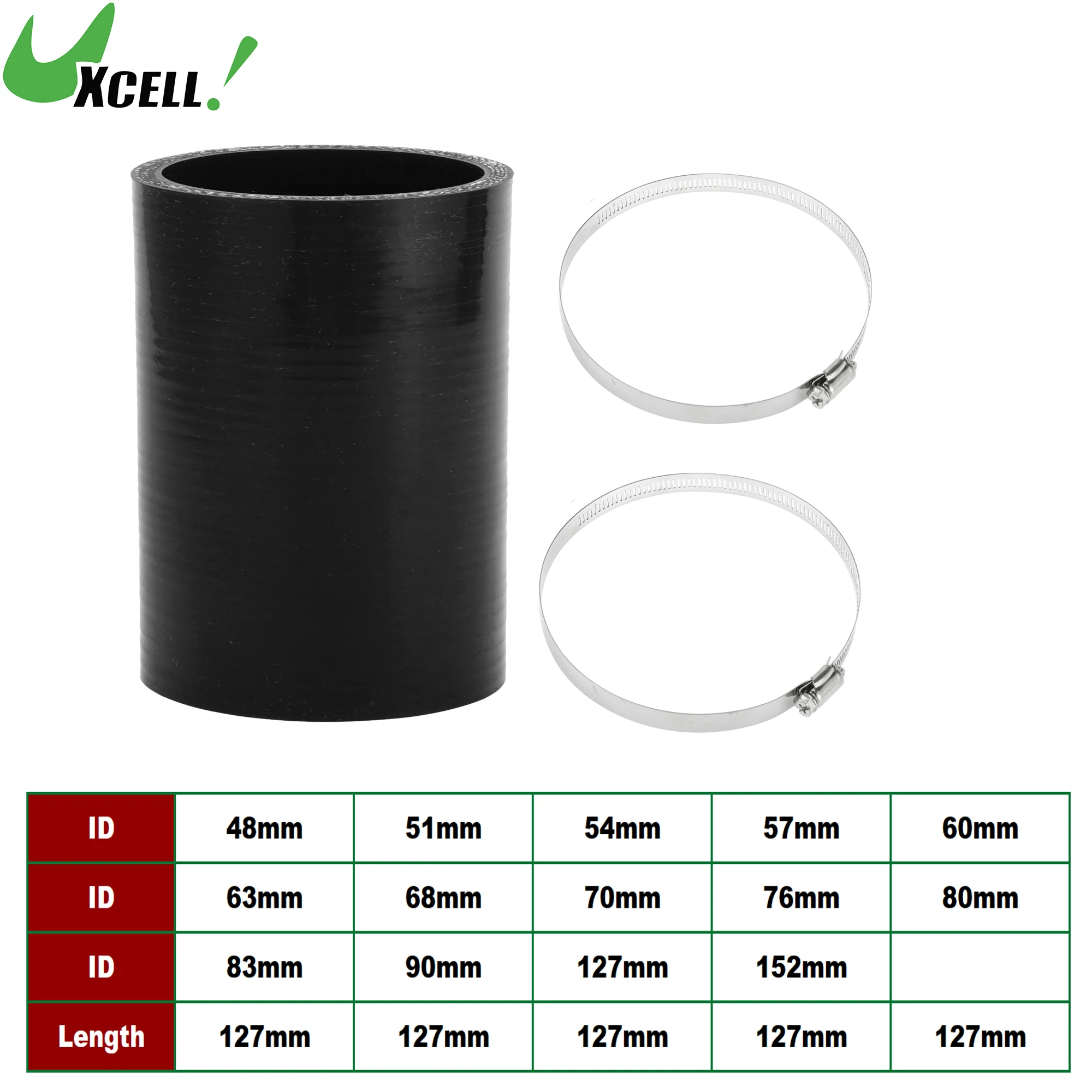 

UXCELL 48/51/54/57/60/63/65/68/70/76/80/83/90/102/127/152mm ID 127mm Long 0 Degree Car Silicone Coolant Hose w/ Clamps Black