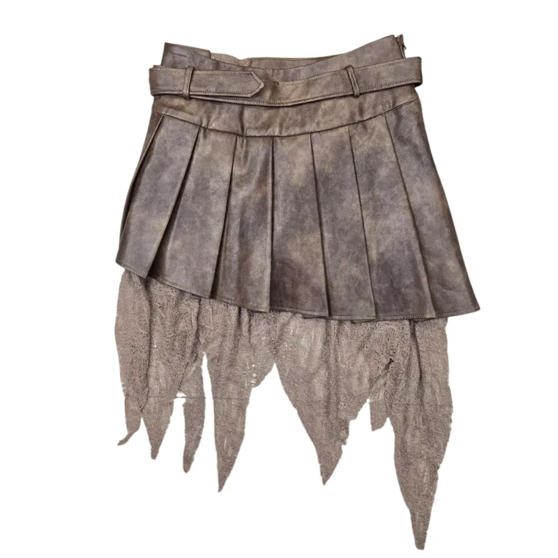 الأمريكية مثير الرجعية الدانتيل غير النظامية النساء عالية الخصر بولي Pu مطوي تنورة الخريف الشتاء جديد تنوعا سلسلة فضفاضة التنانير الموضة