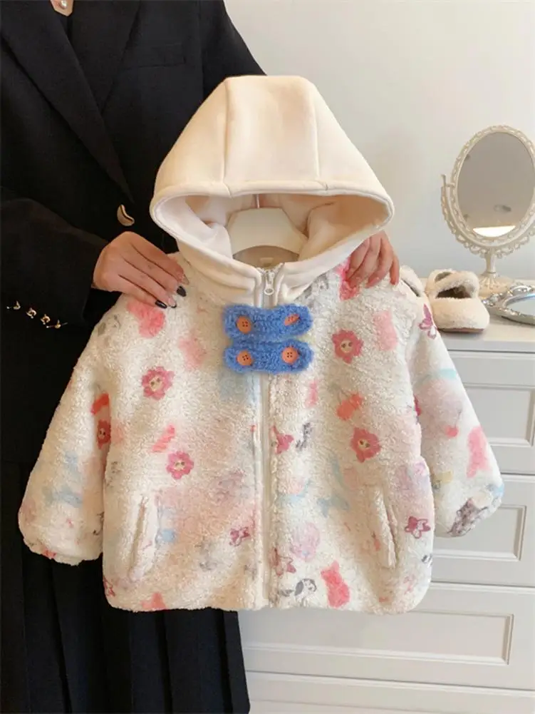 

Хлопковая куртка с капюшоном Thiened для маленьких девочек, осенне-зимняя корейская длинная застежка-молния с принтом све, мультяшный узор