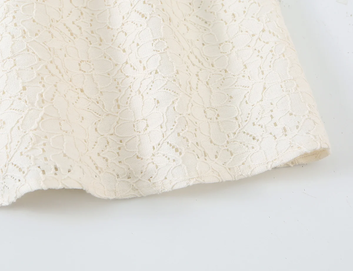 Elegantes Damen-Spitzen-Mini-A-Linien-Kleid, Modisches Lässiges Kurzarm-Kleid mit Knopfleiste, Süßes Damenkleid mit Rundhalsausschnitt in Unifarbe – Detail 8