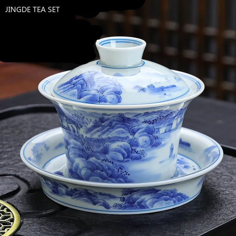 Luxuosa cerâmica gaiwan xícara de chá artesanal tigela de chá chinês azul e branco porcelana acessórios de utensílios de chá drinkware 150ml