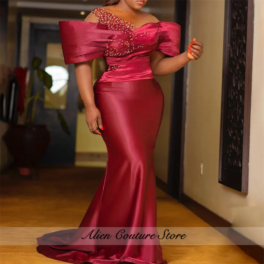 

Customized Burgundy Plus Size Evening Dresses Elegant Prom Dresses Crystals Mermaid Beaded Engagement Party Gowns Aso Ebi