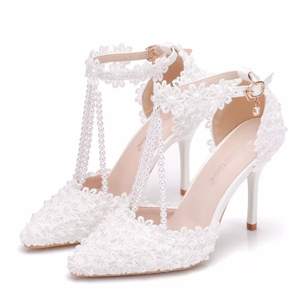 

Spring and summer new pointed hollow white beaded lace wedding shoes banquet large size thin-heeled high-heeled women's sandals