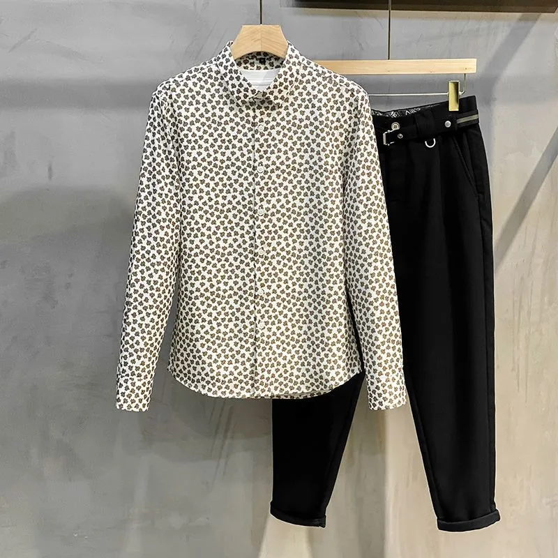 

Мужская высококачественная рубашка с принтом и лацканами с длинными рукавами, осенний тонкий повседневный топ, кардиган с цветочным принтом