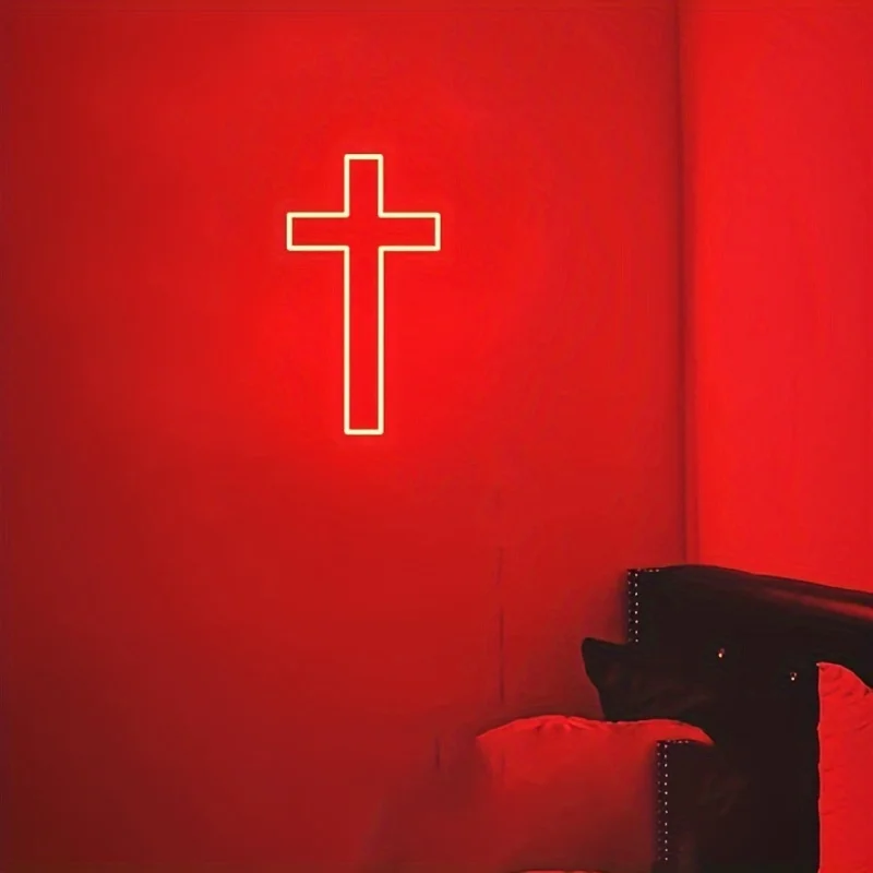 Jesus Cross LED Neon Sign Light, Quarto, Decoração para o lar, Plug USB, Wall Decor, Natal, Ano Novo, Cristão