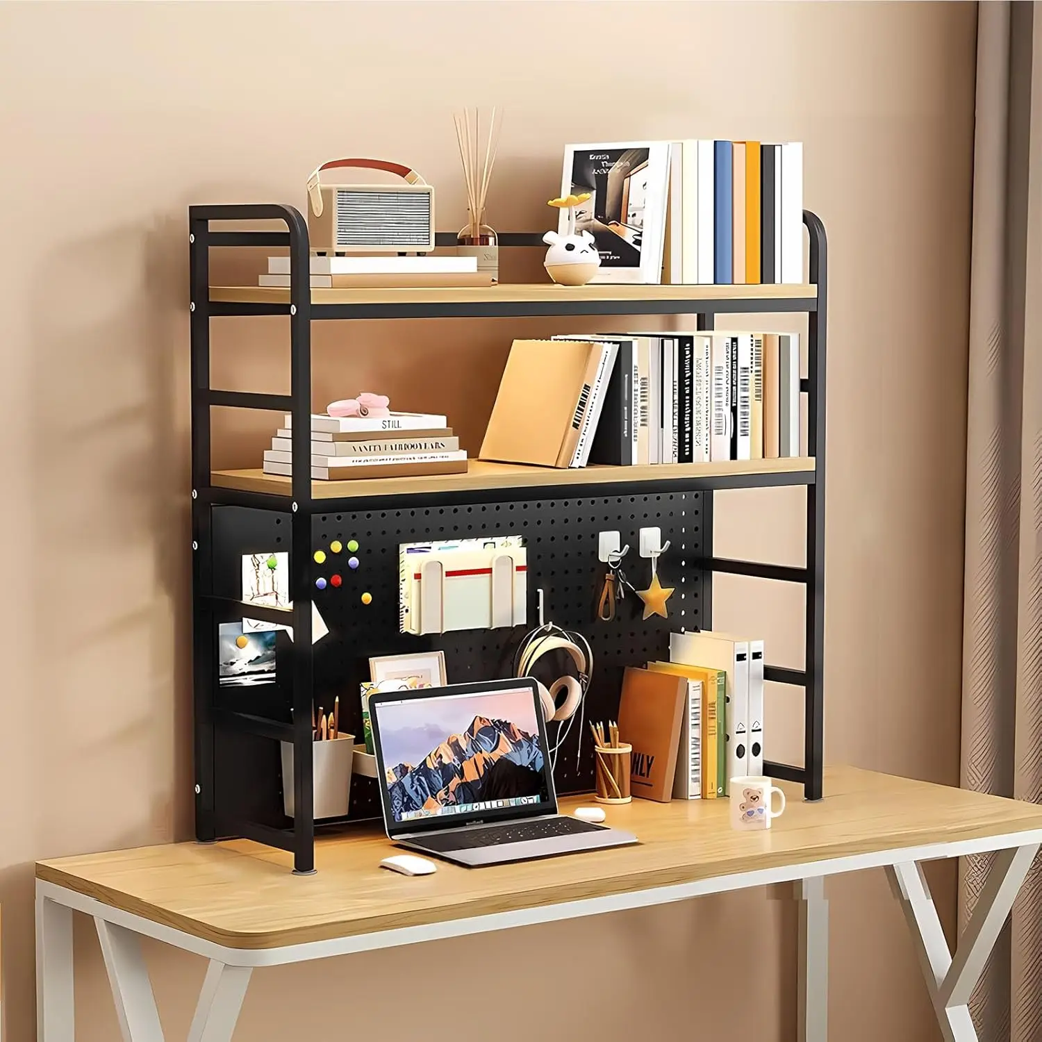 Desk Hutch Shelf Dorm 2 Tier Countertop Desktop Bookshelf With Pegboard,Metal /Mdf Desk Top Bookcase For Computer Desk, Desk