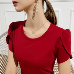 Women Sweet Petal Short Sleeve Cotton T-shirts Tops Lady O Neck Tshirt Pullovers Tops For Girls