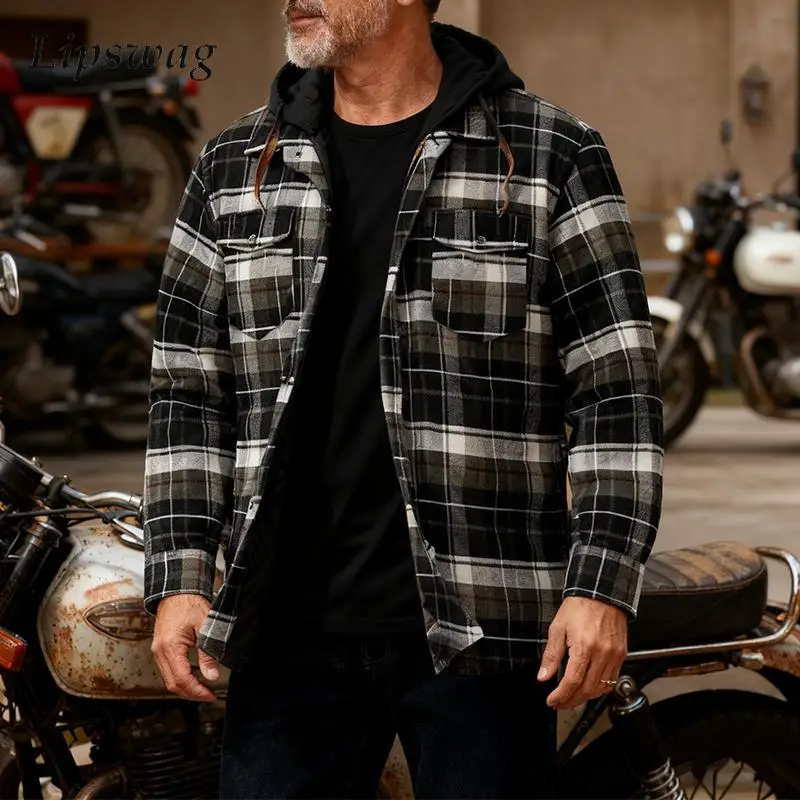 

Классическая мужская утолщенная куртка в клетку с принтом, зимние уличные повседневные теплые пальто, мужские весенние винтажные лоскутные куртки с капюшоном на молнии