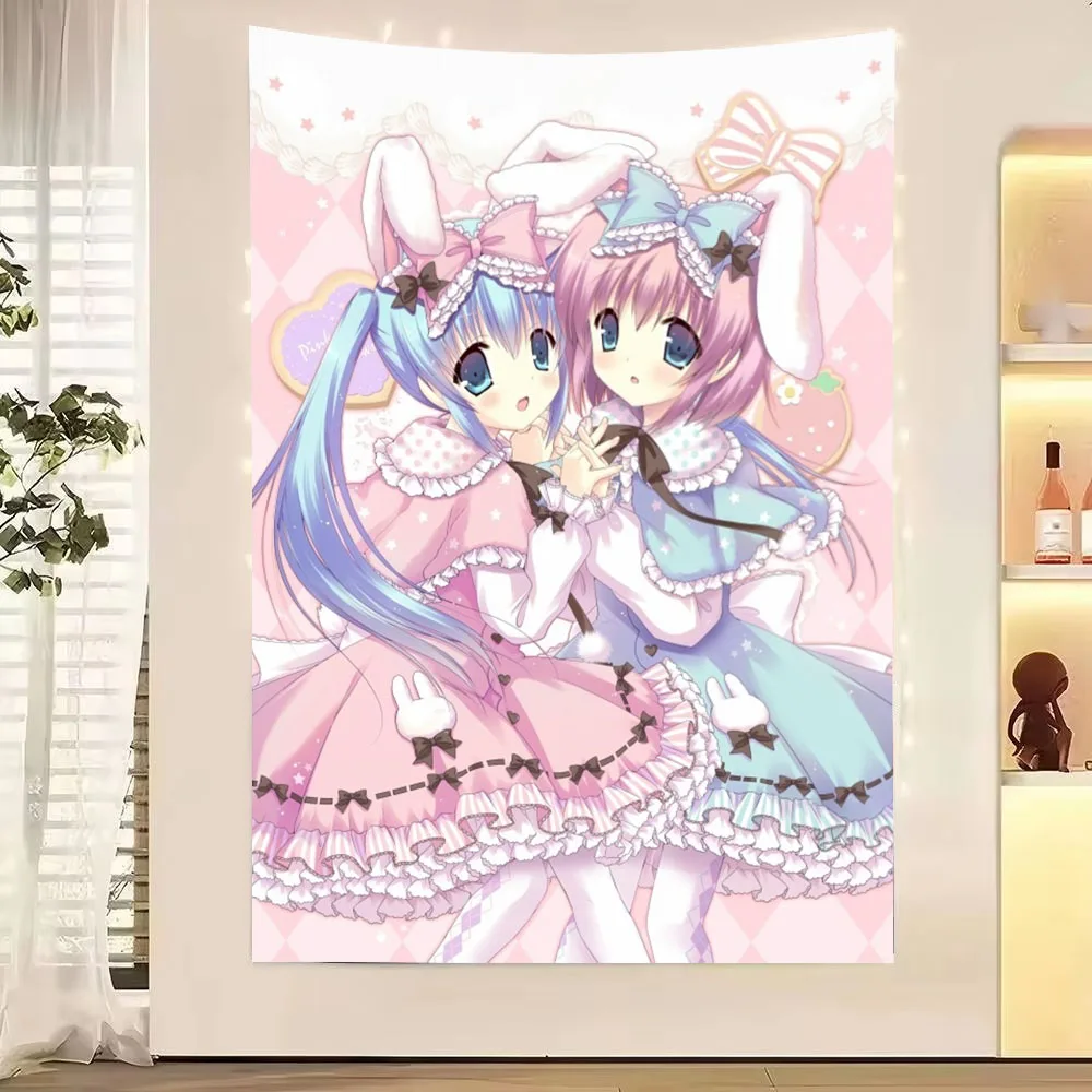 Tapisserie d'anime originale avec fille anime aux queues de cheval bleues, cadeau idéal pour les fans de jeux, décoration murale pour chambre à coucher ou dortoir
