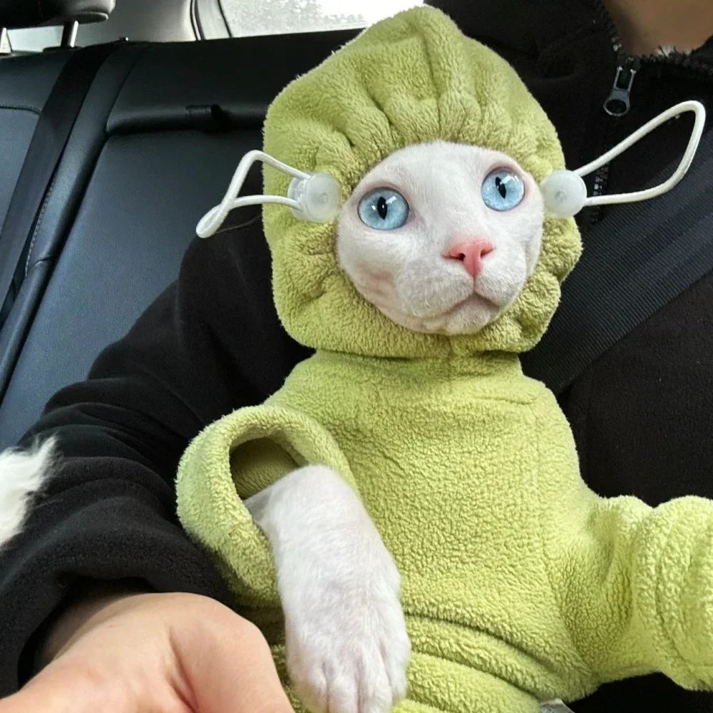 

Fleece 4-legged Soft Sweater for Sphynx Cat Winter thick Warm Hooded Red Green Sweatshirt for Kittens Devon Rex coat in Autumn