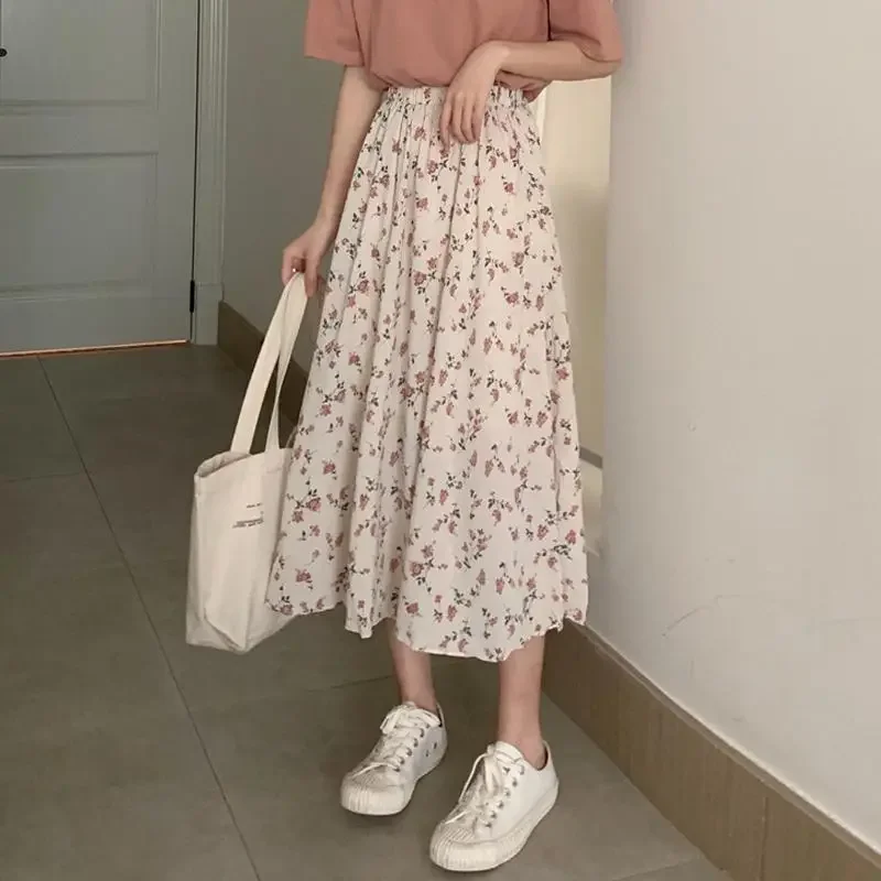 Caofeimao  Women Floral Print Long Skirts Summer Female High Elastic Waist Korean Style Pleated Slim A-Line Skirt  Korean Style
