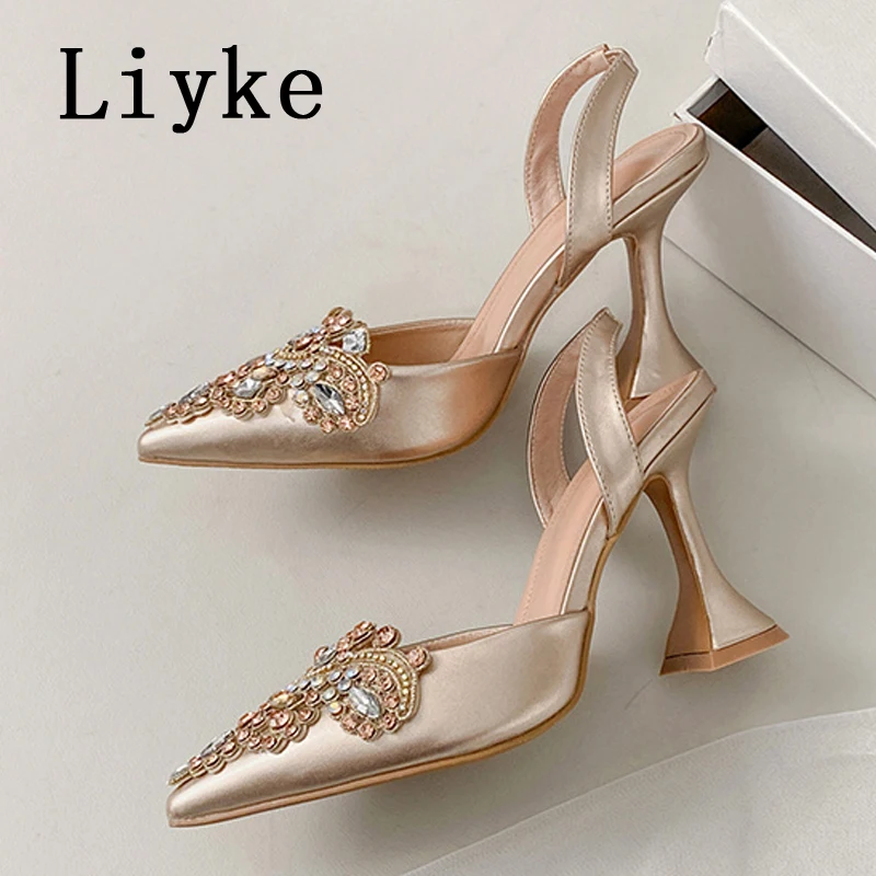 Liyke 2025 New Fashion Crystal Rhinestone Pointed Toe Strange High Heels Slingback Sandals Women Wedding Banquet Shoes Pumps