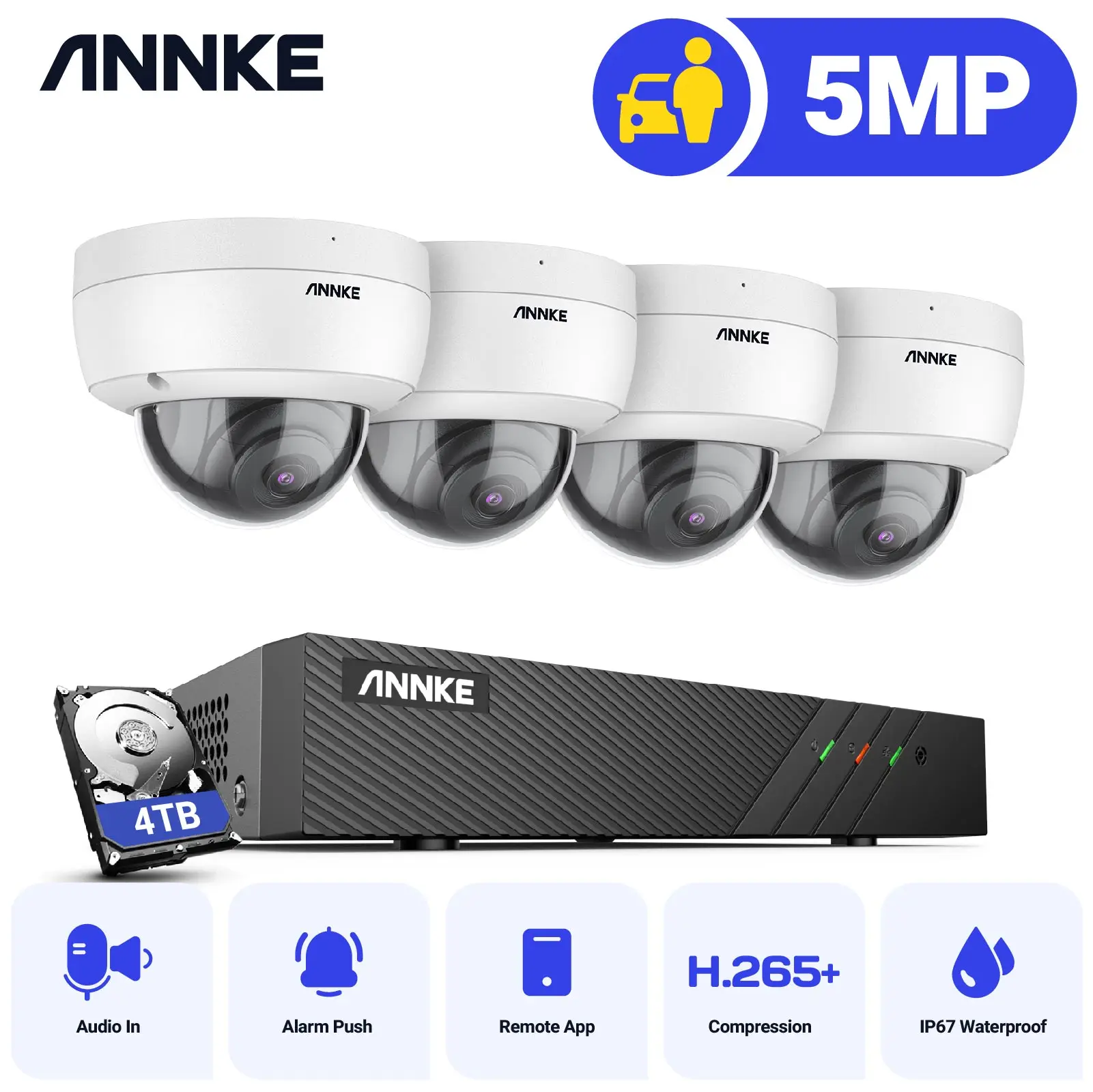 ANNKE 5MP PoE IP Security Camera System 4pcs Dome Cameras 6MP NVR Night Vision Mic IP67 Outdoor Indoor CCTV Surveillance