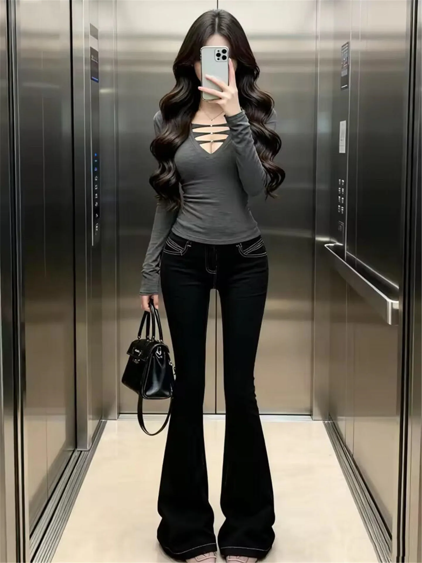 

Ретро-джинсы-клеш с низкой талией в американском стиле, женские, осенне-зимние, утепленные флисом, утягивающие, повседневные, хлопковые