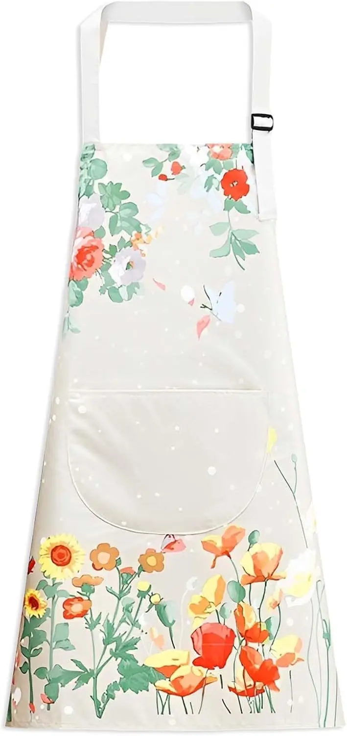 

Aprons with Pocket Blooming Women Waterproof Apron Adjustable Neck Long Ties Women Men Cook Baking Garden