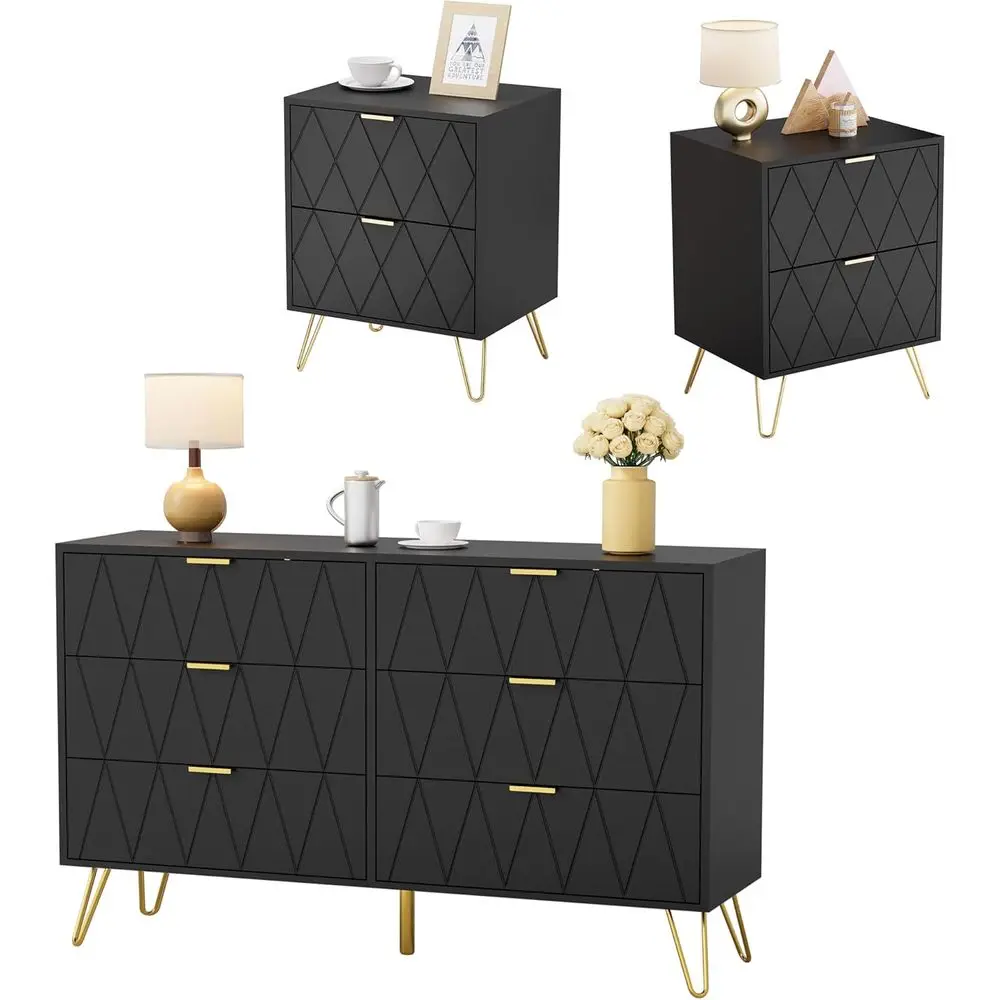

Bedroom Sets 3 Piece Black 6 Der Drer and Night Stand Sets or Bedroom, Two Ders Nightstand Set o 2 & 6 Der Drer Combo 3 Pieces (