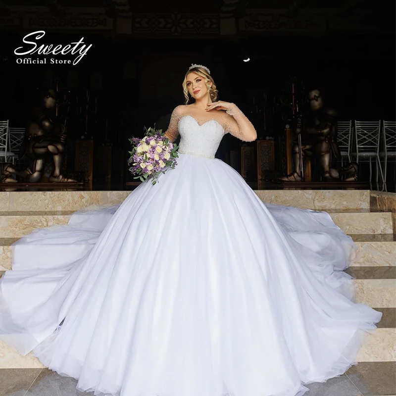 Shining Brautkleid Luxury Hand Drill With Tulle Ball Gown O-Neck Full Sleeve Bride Dress Back Button Sashes Vestido De Casamento