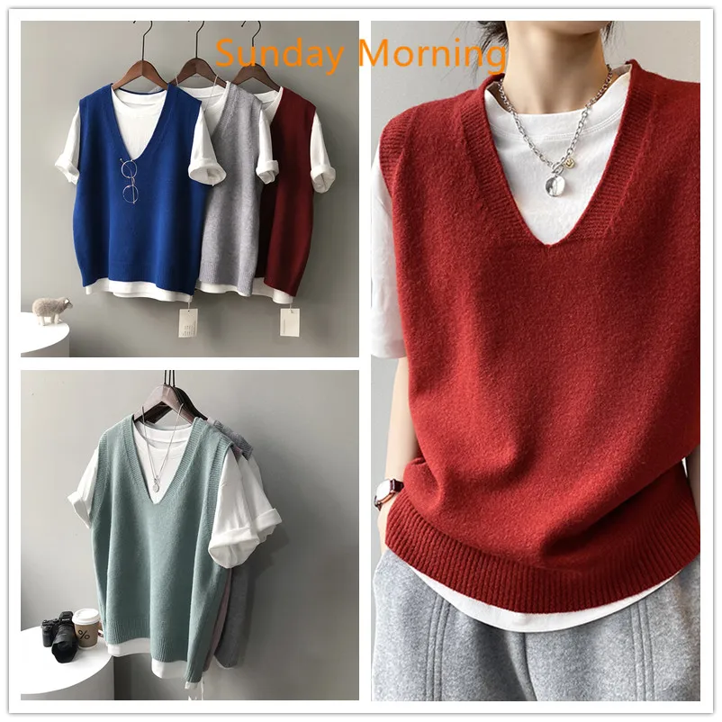 

Women's Knitted V-Neck Vest Autumn New Style College Casual Loose Sleeveless Camisole