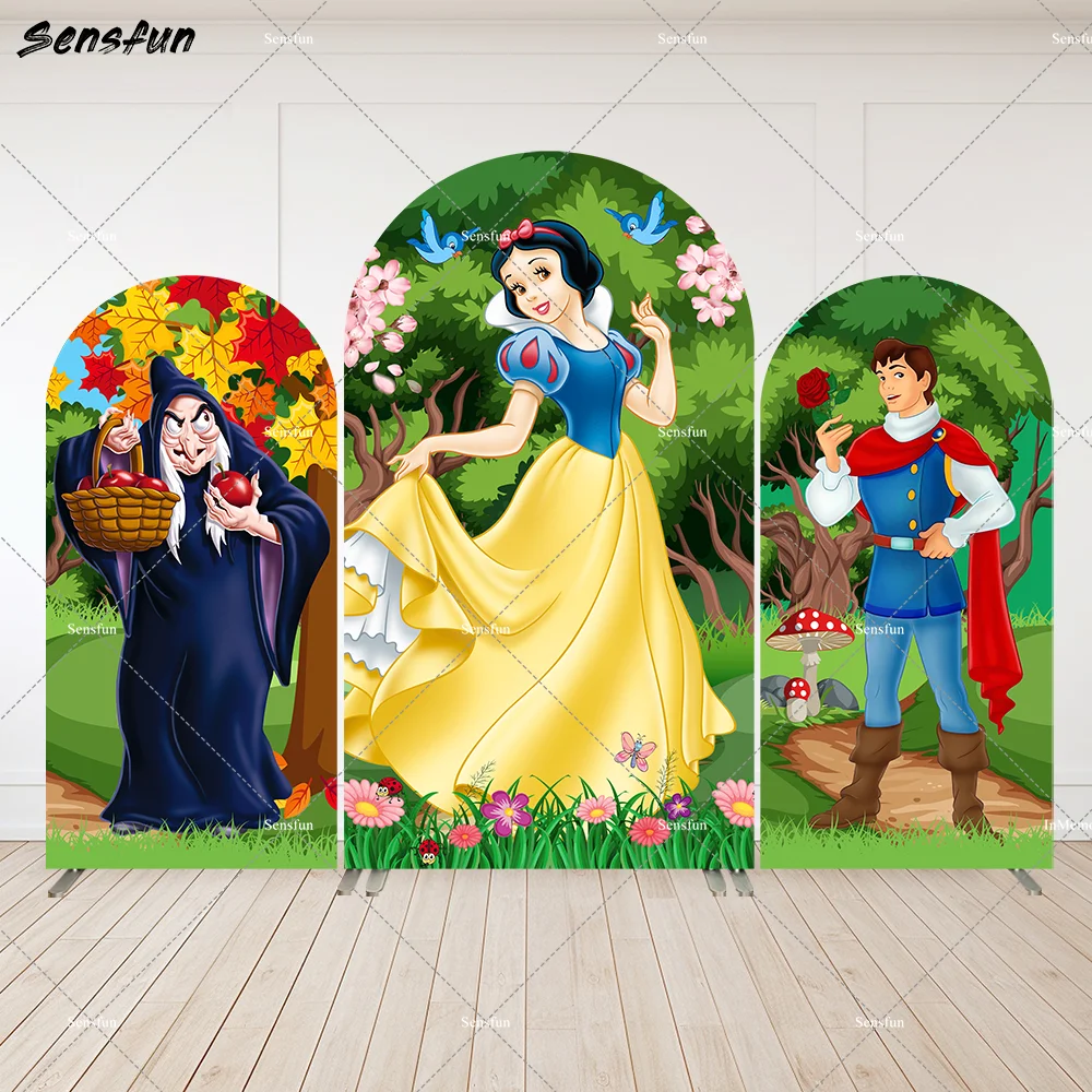 

Disney Prince and Snow White Birthday Party Arch Backdrop Wall Forest Witch Baby Shower Decor Arched Cover Background 2-Sided