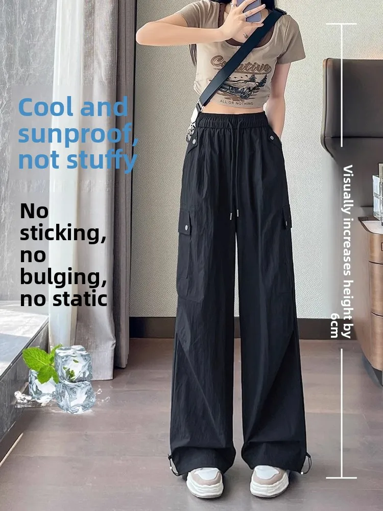 American Style Quick Dry Work Pants Women Summer Thin Loose Cuffed Wide Leg Hiking Pants Ice Silk Straight Casual Sports Pants