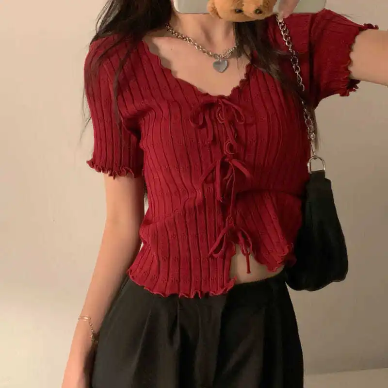 Design Sense Strappy Short-sleeved Knit Sweater Thin Women's Summer 2024 New Korean Version Slim Short Base Shirt Top