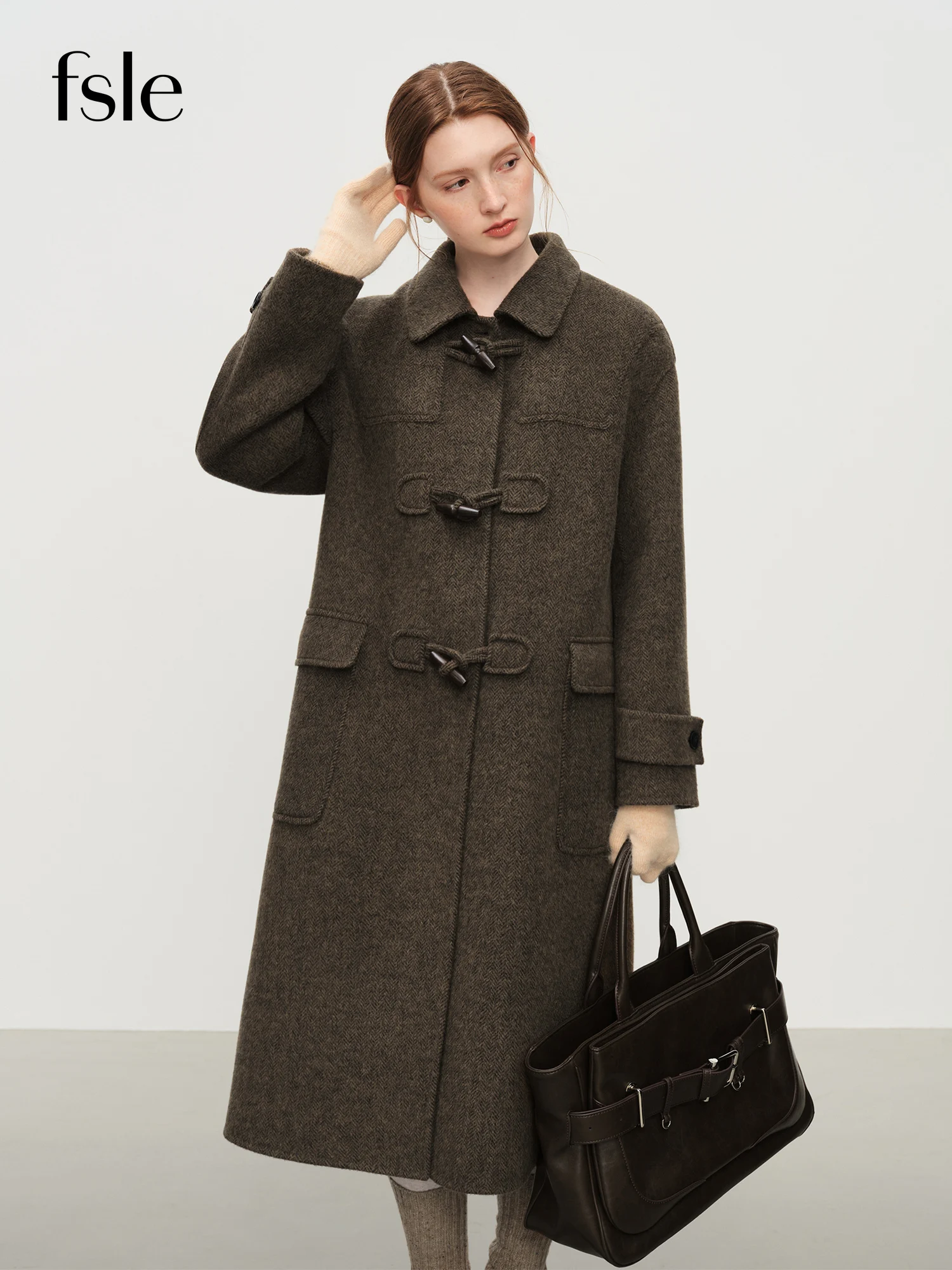 

FSLE Retro Academic Herringbone Double-Faced Tweed Coat for Women Winter 2025 New Arrival Oversized Jacket Outerwear Blends