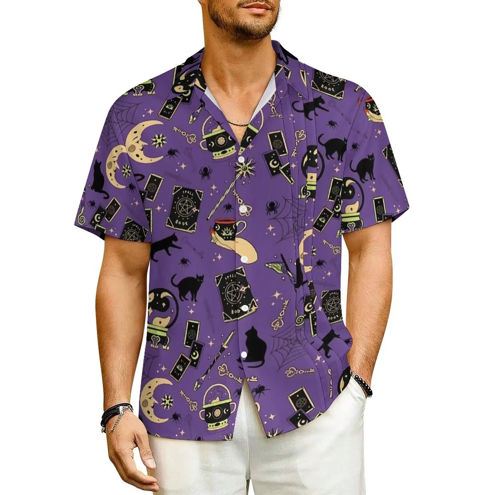 

Black Magic Cats Casual Shirt Moon Print Novelty Hawaii Shirts Man Short Sleeves Vacation Fashion Graphic Plus Size 4XL Blouses