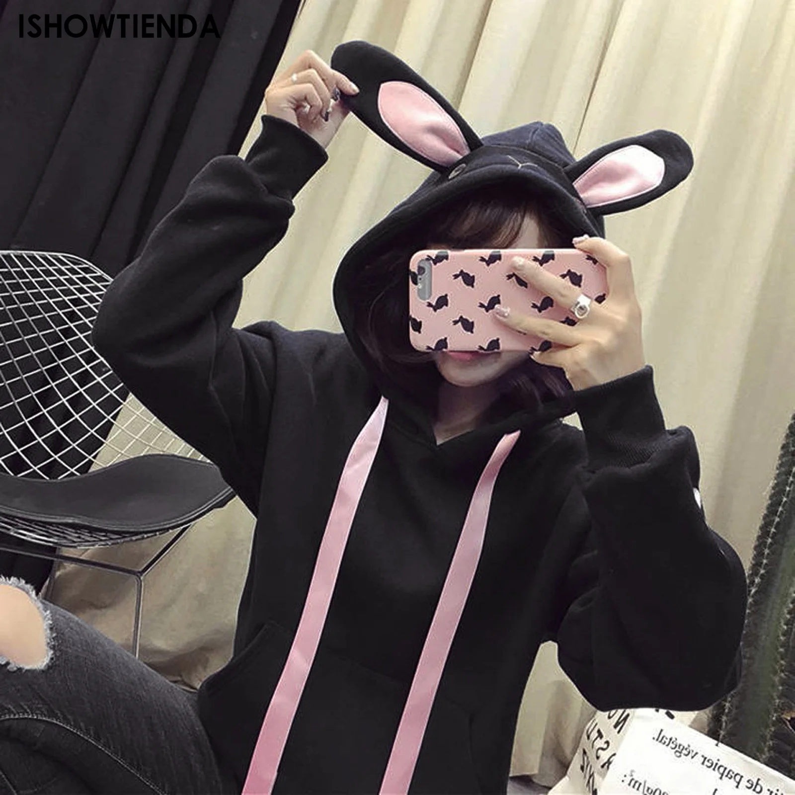 Autumn Sweet Women Hoodies Fashion Cute Rabbit Ears Hooded Pullovers Long Sleeve Loose Baggy Female Tops Plus Size Sweatshirt