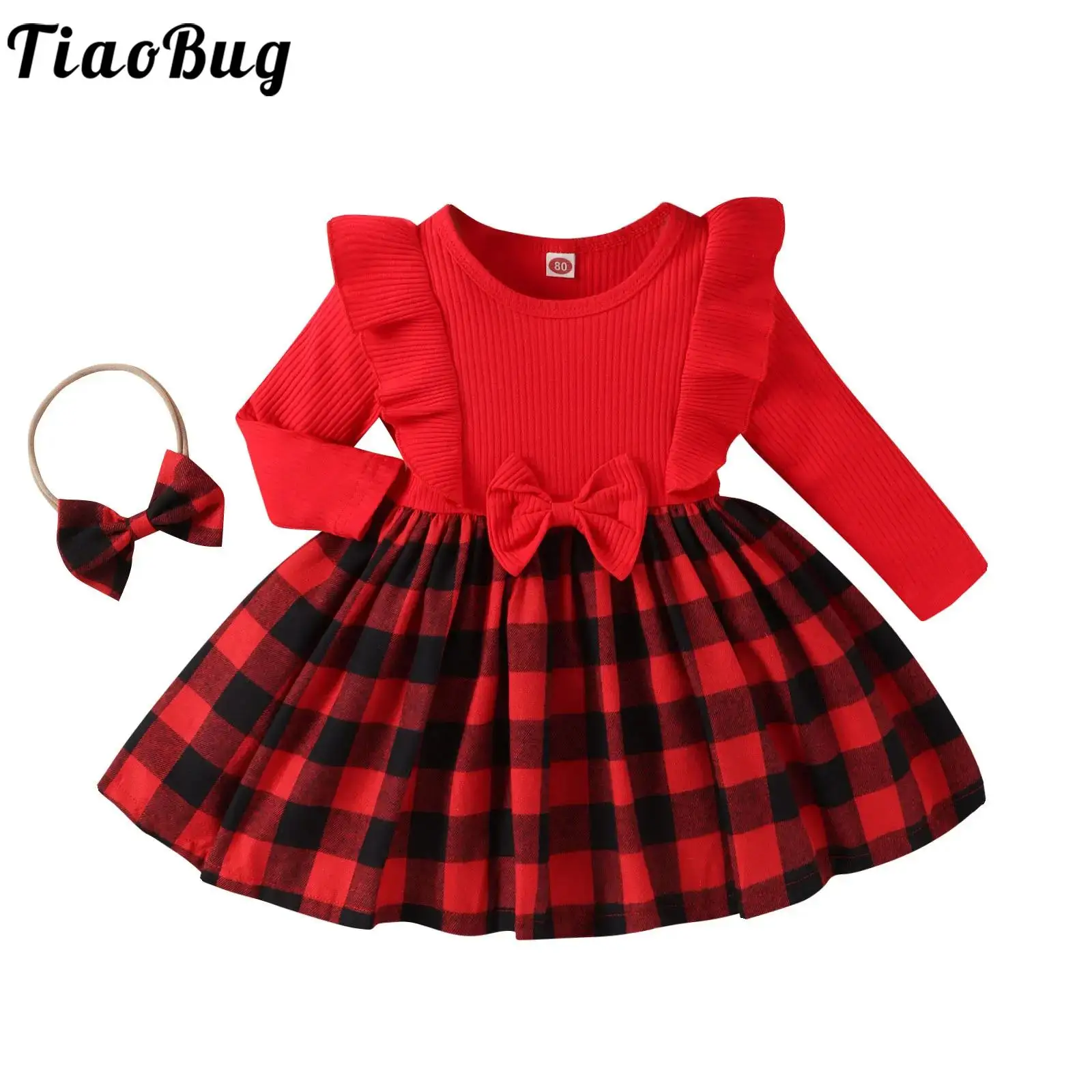 Baby Girls Toddler Christmas Dress Long Sleeve Knitted Ruffle Bow Plaid Dresses with Headband Birthday New Year Party Outfits