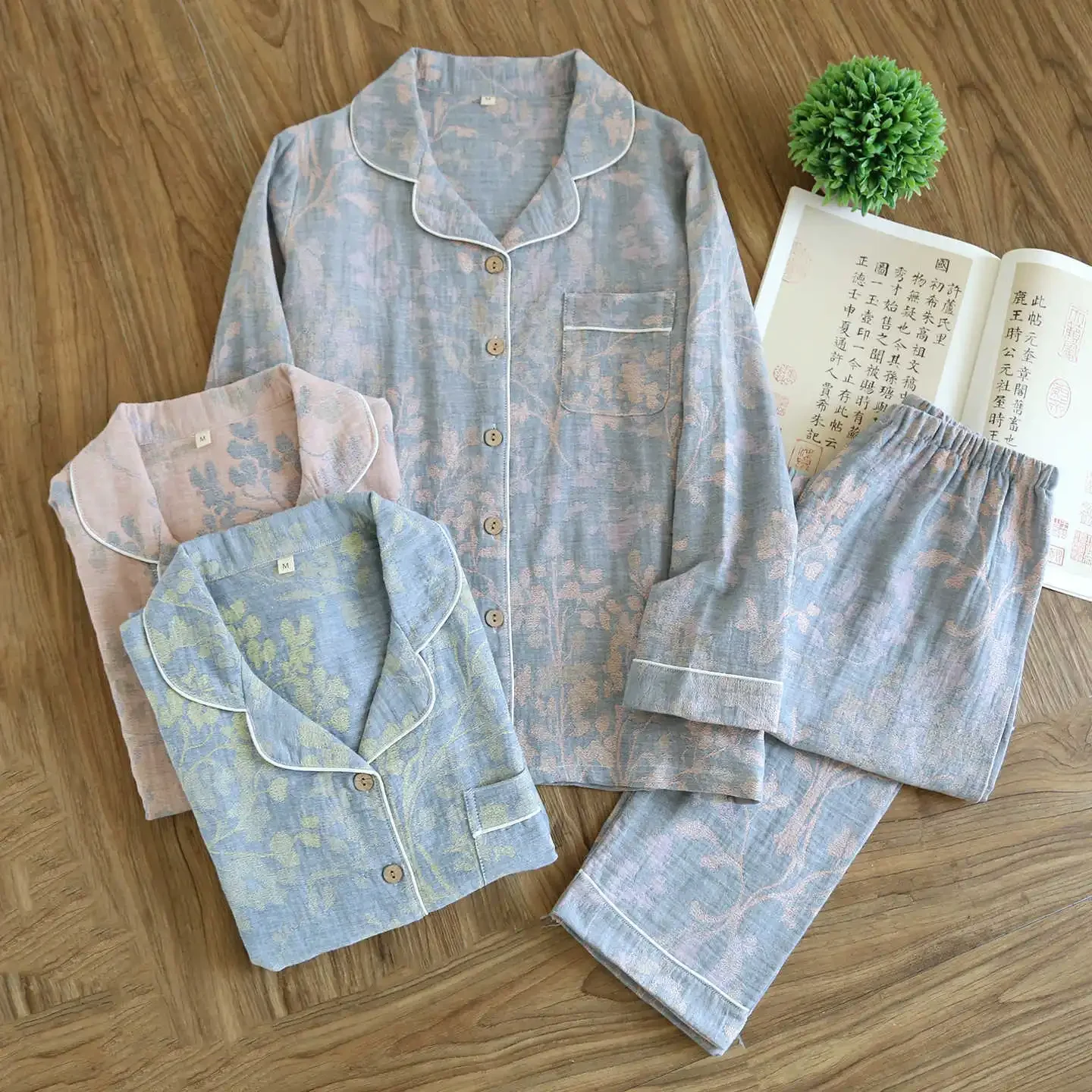 

Color Woven Cotton Sleepwear Clothes for Women's Spring and Autumn Long Sleeved Cardigan Tops with Trousers Home Clothing Set