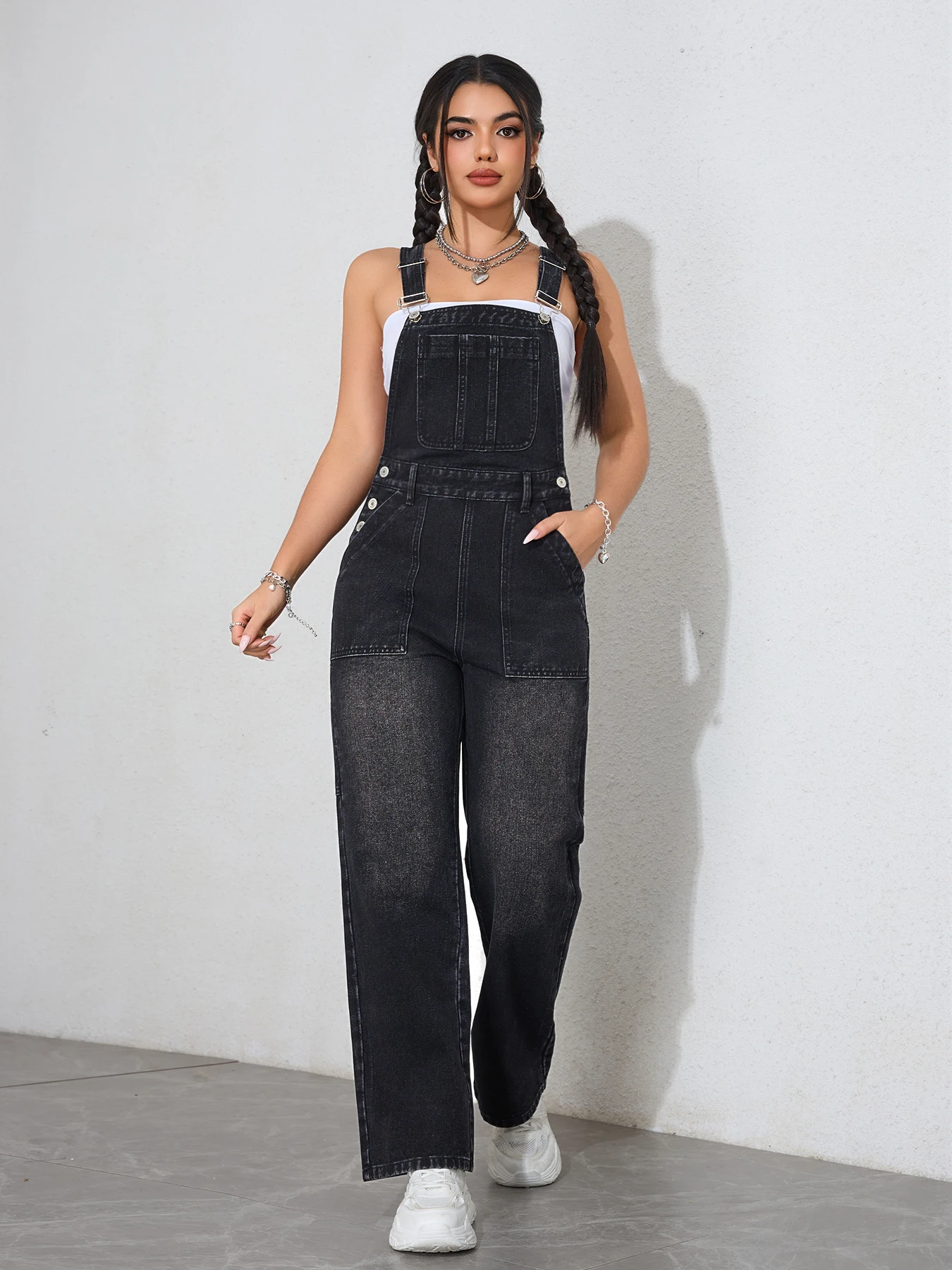 2025 Vintage Washed Women's Denim Overalls - Adjustable Straps Wide Leg Dungaree Jumpsuit Casual Workwear Romper Outfit