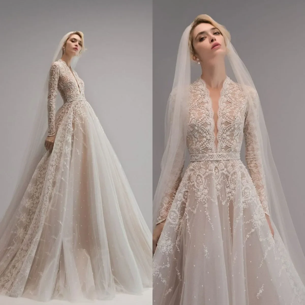 

Elegant V Neck A Line Wedding Dresses Long Sleeve Lace Beaded Appliqued Bridal Gowns Customized Robe De Mariée