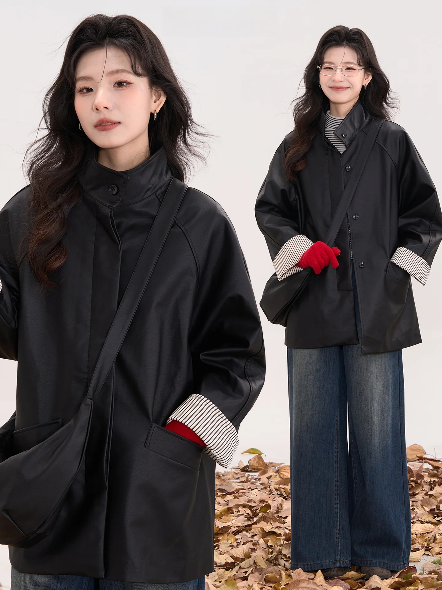 

Loose Fit Thiened Cotton Interlined Bla Cherry Wine Evening Drink PU Leather Jaet Women's Winter Top Trendy Outerwear