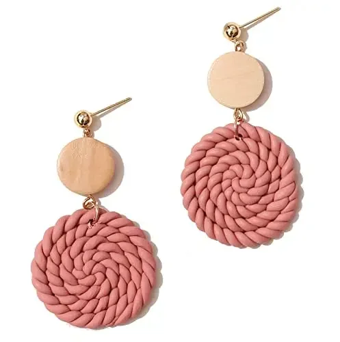 

Rattan Flower Earring, Pink Handmade Woven Statement Boho Lightweight Drop Dangle Earrings, Jewelry Gifts for Women Girls