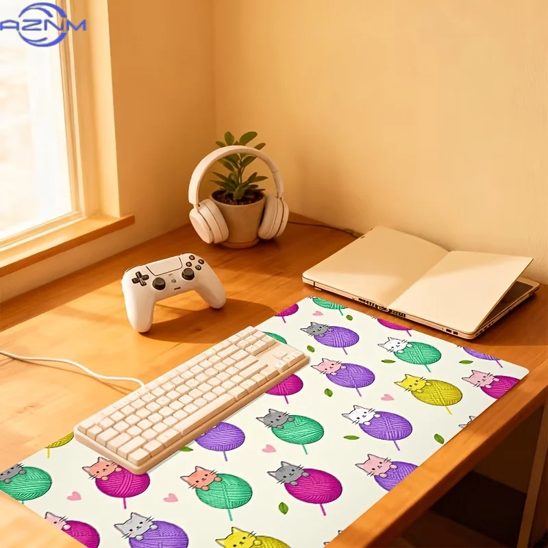 1pc Extra-Large, Non-Slip, Durable Desk Mat, Mouse Pad, Featuring Cute Cat in Yarn Ball, Rubber Base, for Office, Computer Decor