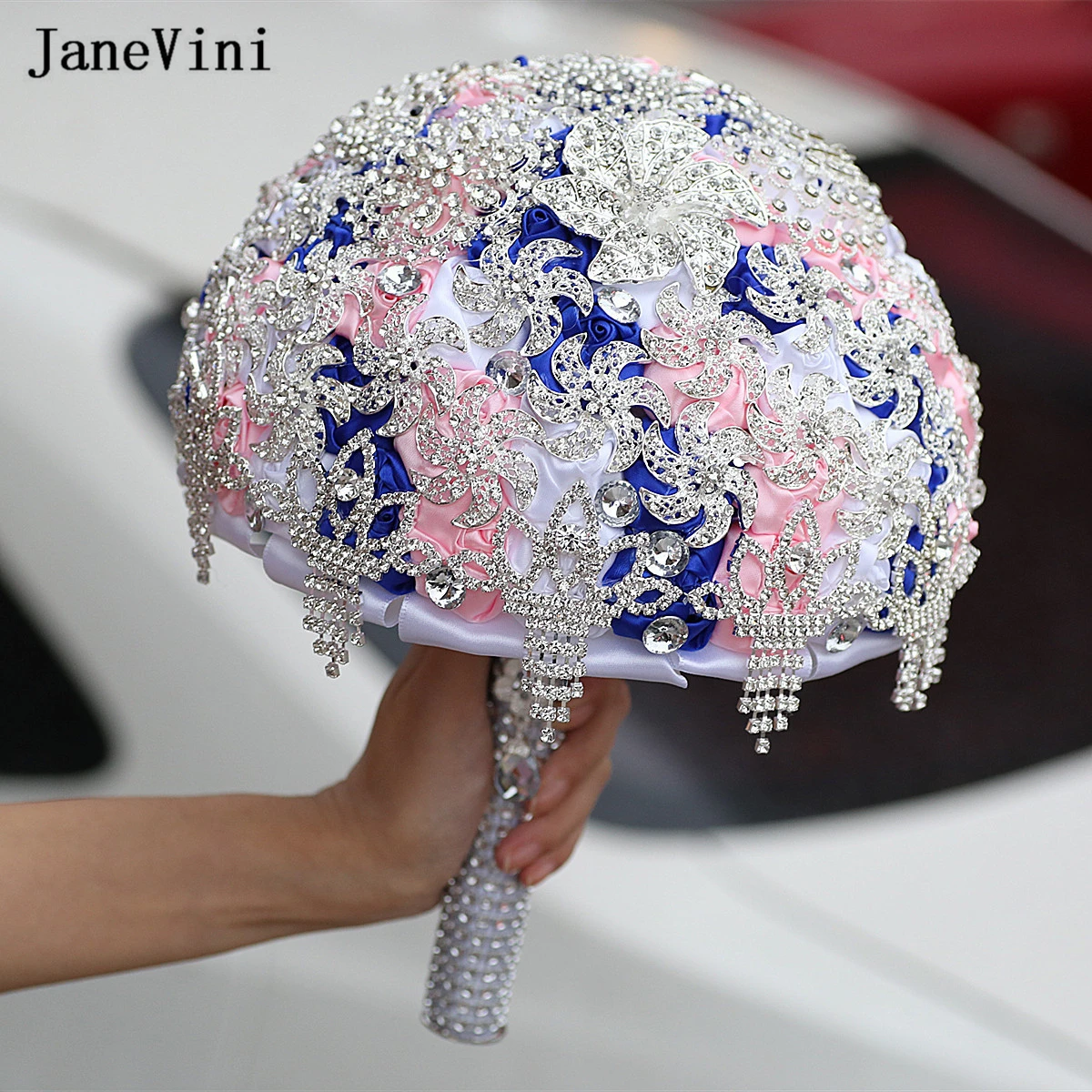 

JaneVini 2023 Luxury Bridal Bouquets Bling Rhinestone Royal Blue Satin Roses Artificial Brides Flowers Wedding Bouquet De Marier