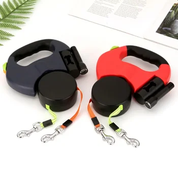 Durable Double Dog Leashes Automatic Retractable Nylon Lead Extension Puppy Walk Roulette with Light Fidget Toy Poop Bag Case 1