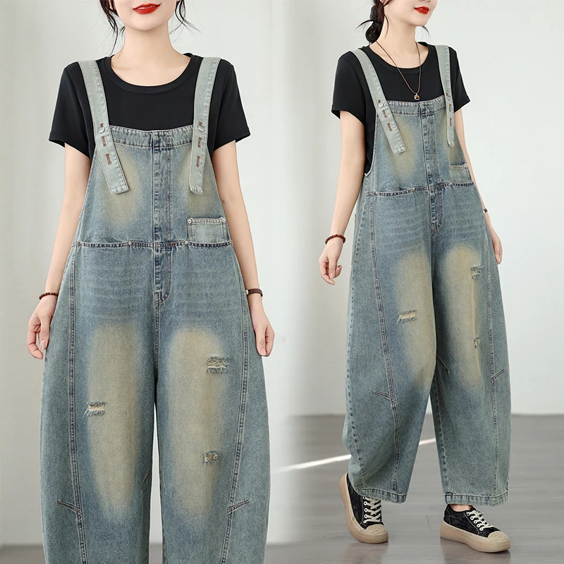 

Early Spring New Style Artistic Large Size Retro Hole Denim Overalls Nine Points Strap Pants Vintage Trousers Women's Fashion