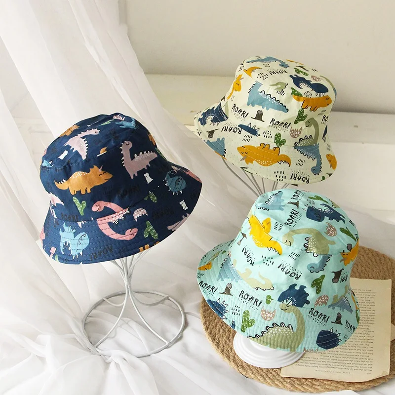 Summer Kids Bucket Caps Cotton Cute Cartoon Dinosaur Pattern Fisherman Hats Boy Girls Fashion Outing Sun Caps Panama Hats 2-6Y