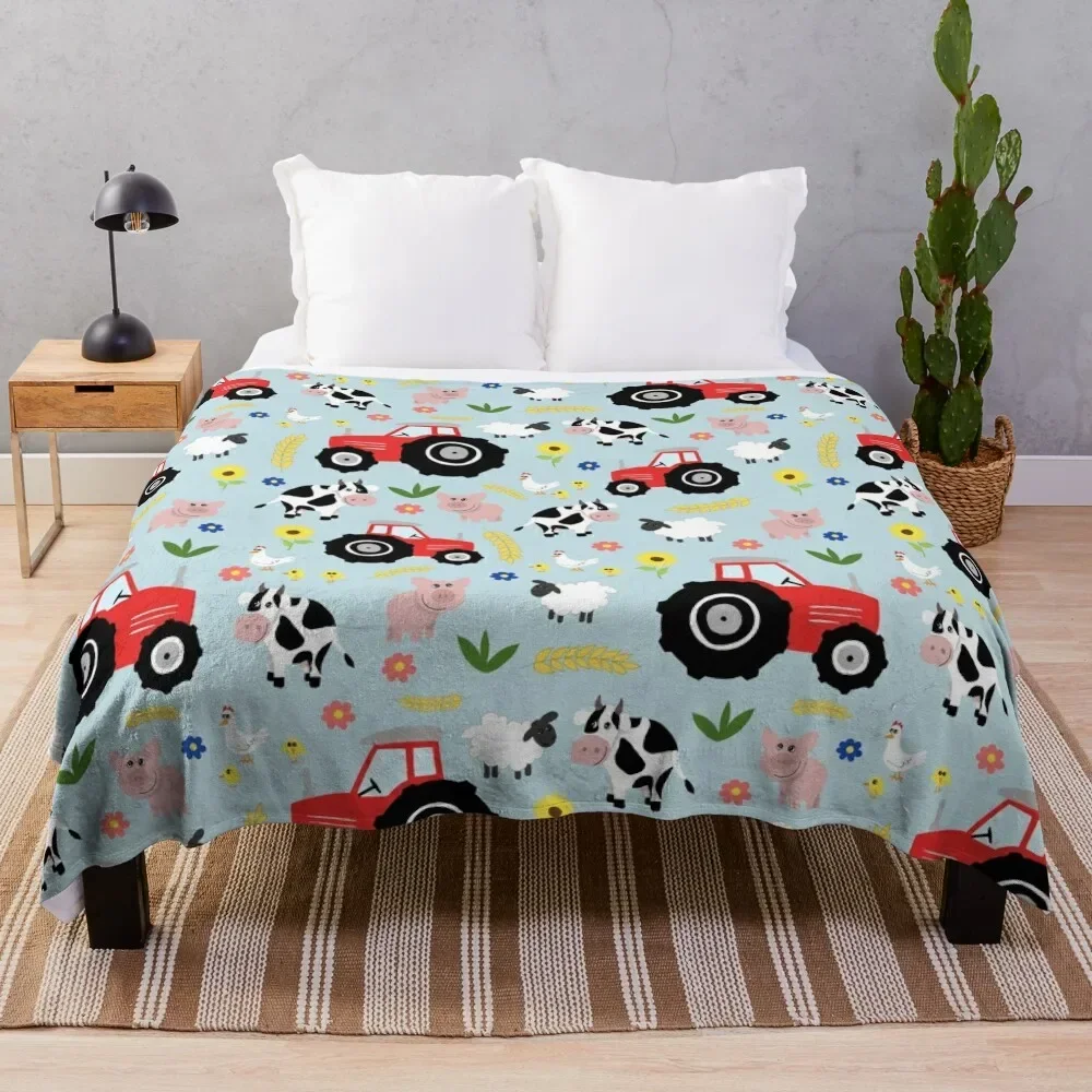 Cute Kids Red Tractor Farm Animal Pattern Cartoon Throw Blanket For Sofa Thin for winter Decorative Beds Blankets