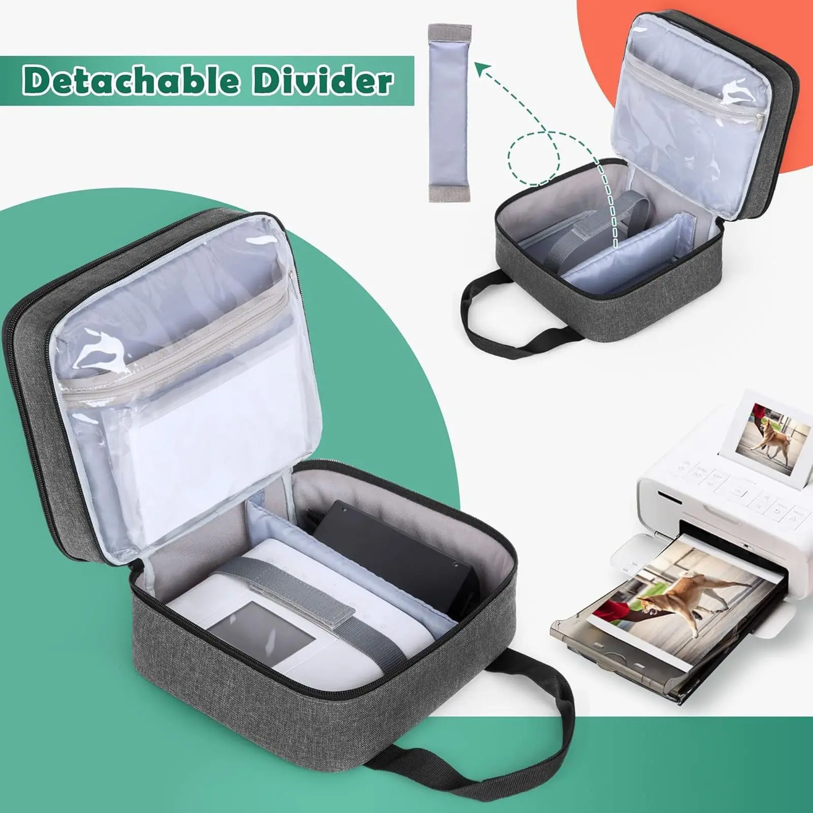 Photo Printer Bag Elastic Band Polyester Sturdy Handles Portable Photo Printer Carrying Bag Detachable Divider for Travel